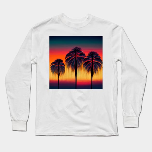 Stylized silhouette of palm trees at sunset Long Sleeve T-Shirt by Liana Campbell
